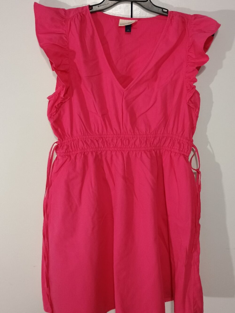 Universal Thread Hot Pink Cotton Flutter Sleeve Drawstring Waist Mini Dress M - Picture 2 of 7